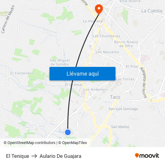El Tenique to Aulario De Guajara map