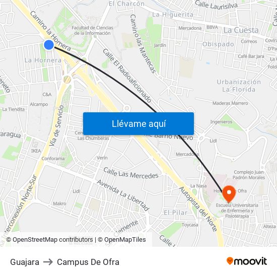 Guajara to Campus De Ofra map