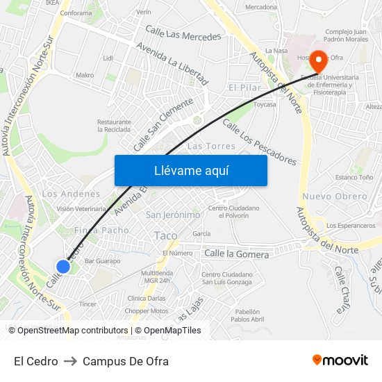 El Cedro to Campus De Ofra map