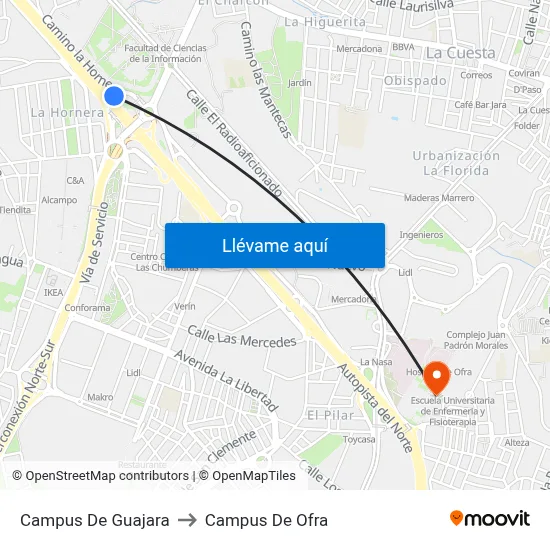Campus De Guajara to Campus De Ofra map