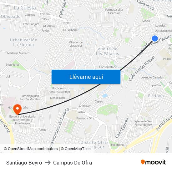 Santiago Beyró to Campus De Ofra map