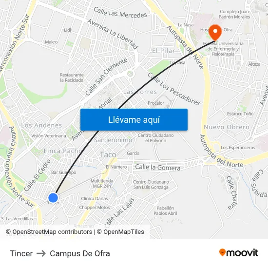 Tincer to Campus De Ofra map
