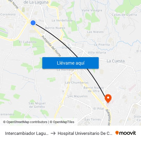 Intercambiador Laguna (T) to Hospital Universitario De Canarias map