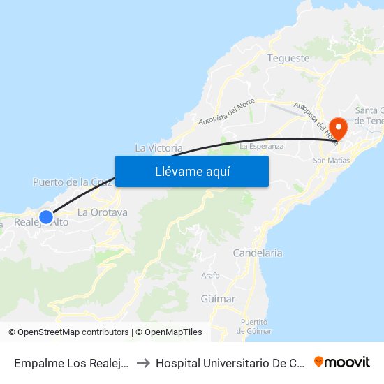 Empalme Los Realejos (T) to Hospital Universitario De Canarias map