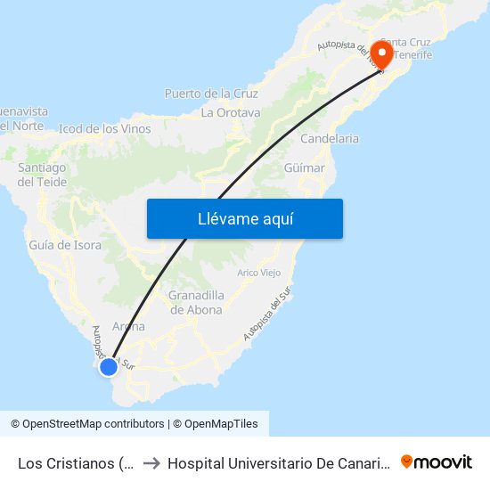 Los Cristianos  (T) to Hospital Universitario De Canarias map
