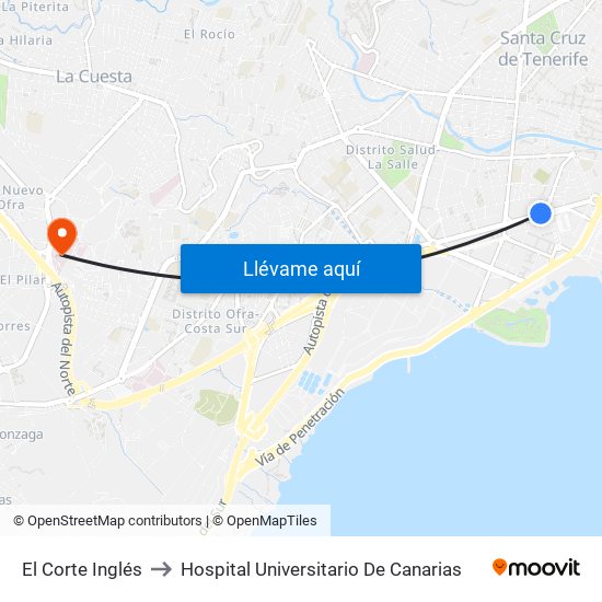 El Corte Inglés to Hospital Universitario De Canarias map
