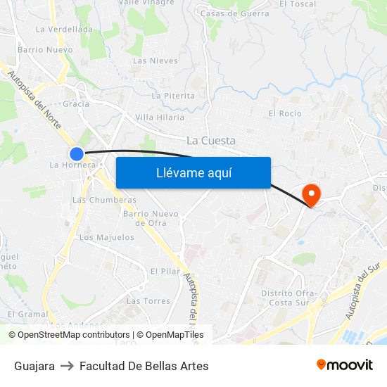 Guajara to Facultad De Bellas Artes map