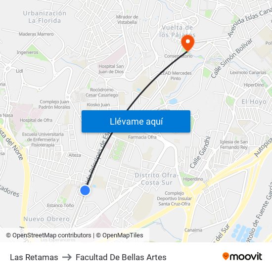 Las Retamas to Facultad De Bellas Artes map