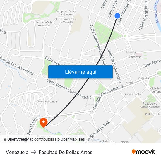 Venezuela to Facultad De Bellas Artes map