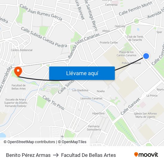 Benito Pérez Armas to Facultad De Bellas Artes map