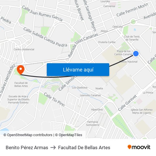 Benito Pérez Armas to Facultad De Bellas Artes map