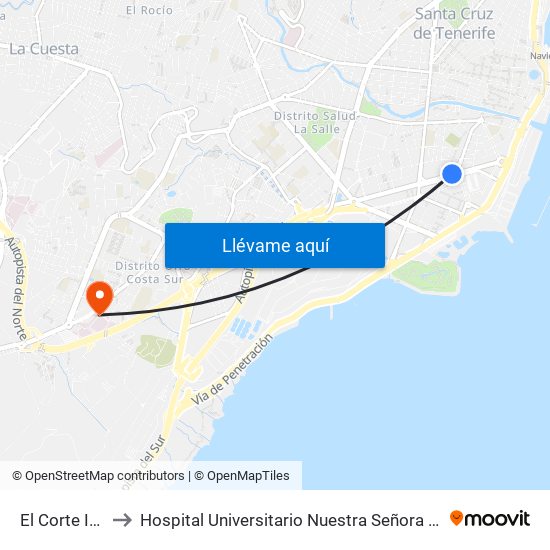 El Corte Inglés to Hospital Universitario Nuestra Señora De Candelaria map