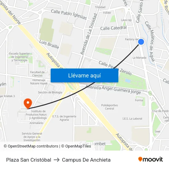 Plaza San Cristóbal to Campus De Anchieta map