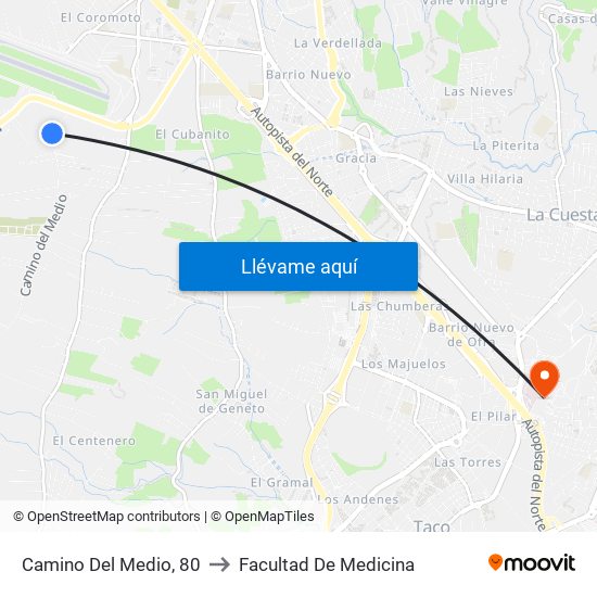Camino Del Medio, 80 to Facultad De Medicina map
