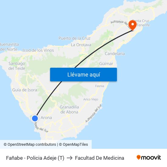 Fañabe - Policia Adeje (T) to Facultad De Medicina map