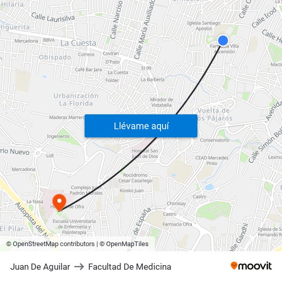 Juan De Aguilar to Facultad De Medicina map