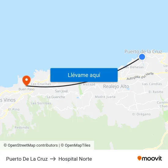 Puerto De La Cruz to Hospital Norte map