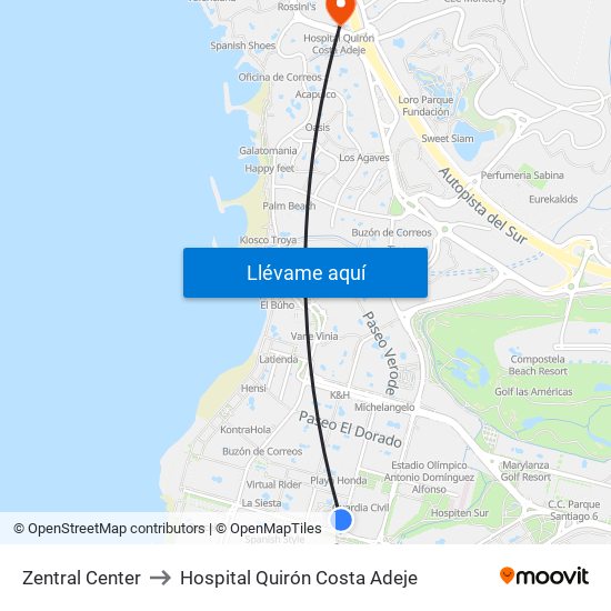 Zentral Center to Hospital Quirón Costa Adeje map