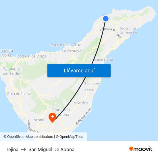 Tejina to San Miguel De Abona map