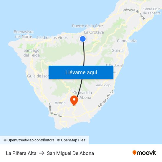 La Piñera Alta to San Miguel De Abona map