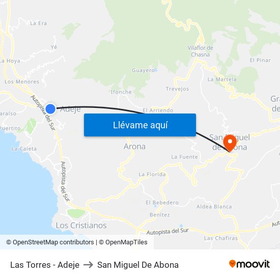 Las Torres - Adeje to San Miguel De Abona map