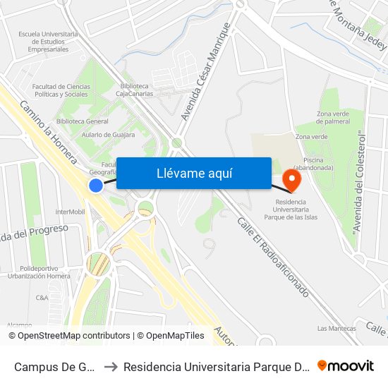 Campus De Guajara to Residencia Universitaria Parque De Las Islas map