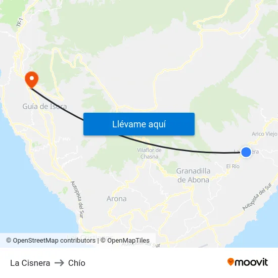 La Cisnera to Chío map