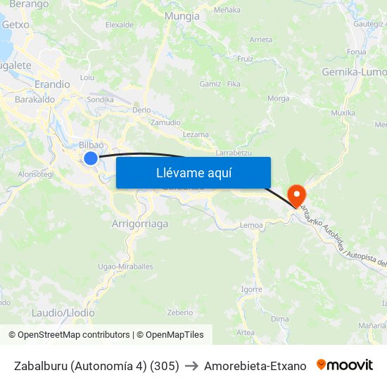 Zabalburu (Autonomía 4) (305) to Amorebieta-Etxano map
