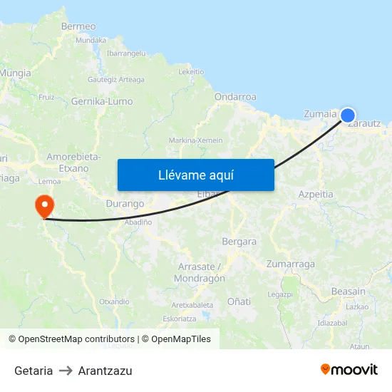 Getaria to Arantzazu map