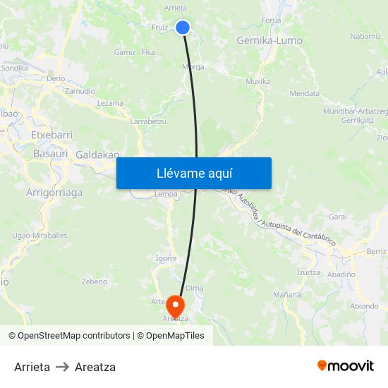 Arrieta to Areatza map