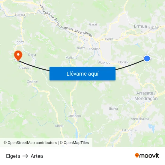 Elgeta to Artea map
