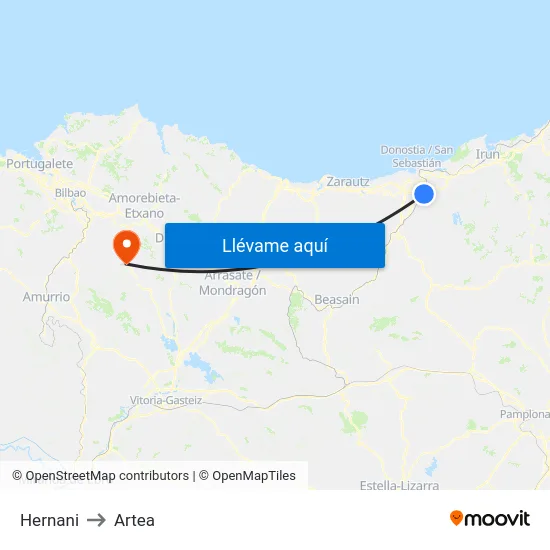Hernani to Artea map