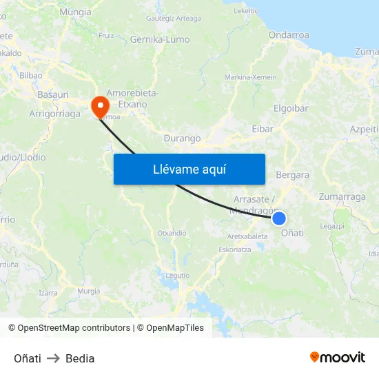 Oñati to Bedia map