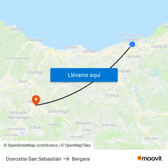 Donostia-San Sebastián to Bergara map