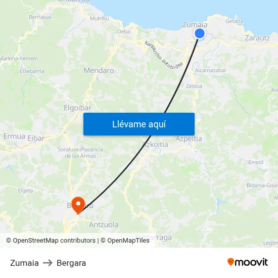 Zumaia to Bergara map