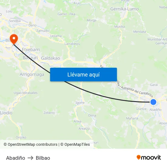 Abadiño to Bilbao map