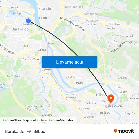 Barakaldo to Bilbao map