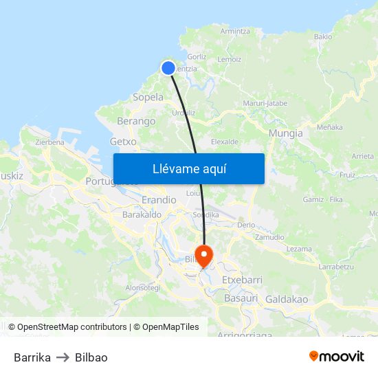 Barrika to Bilbao map