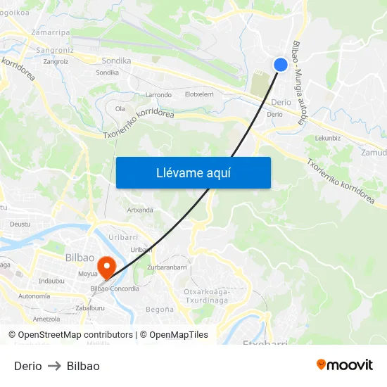 Derio to Bilbao map