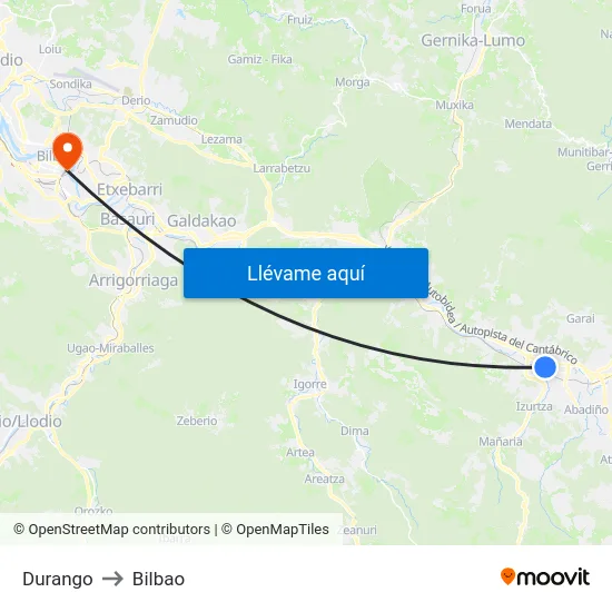 Durango to Bilbao map