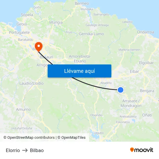 Elorrio to Bilbao map