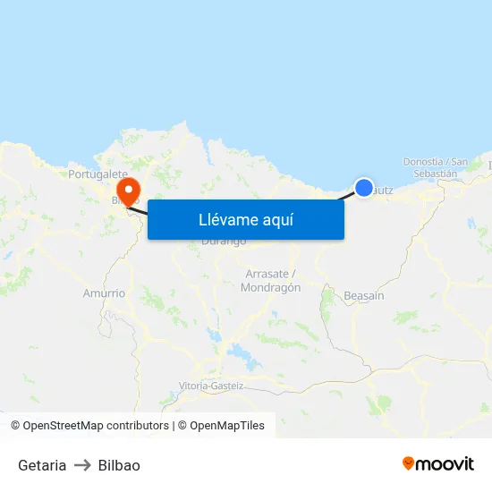 Getaria to Bilbao map