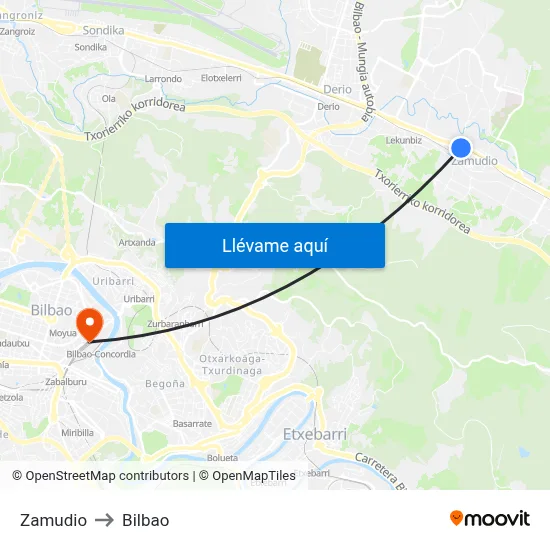 Zamudio to Bilbao map