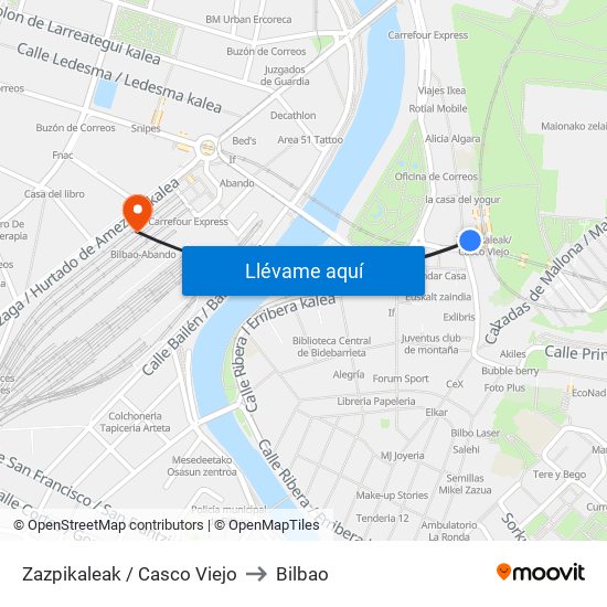 Zazpikaleak / Casco Viejo to Bilbao map