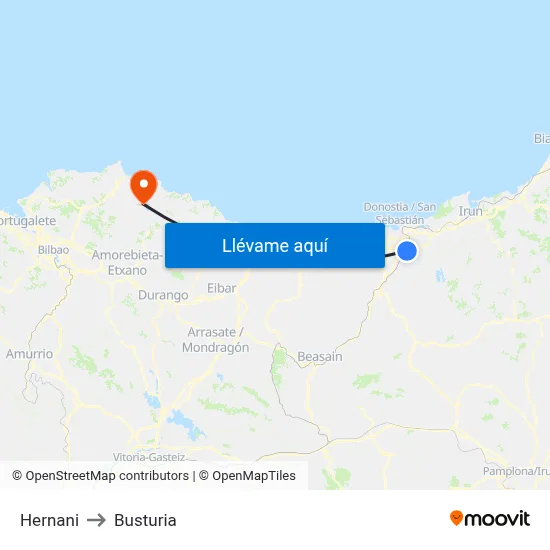 Hernani to Busturia map