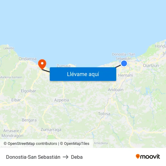 Donostia-San Sebastián to Deba map