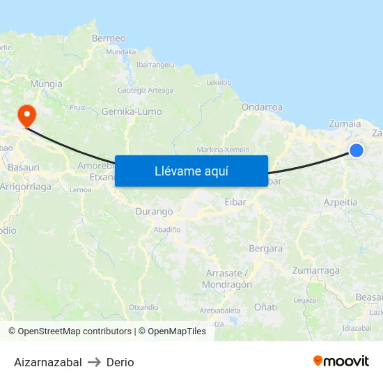 Aizarnazabal to Derio map