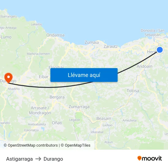 Astigarraga to Durango map