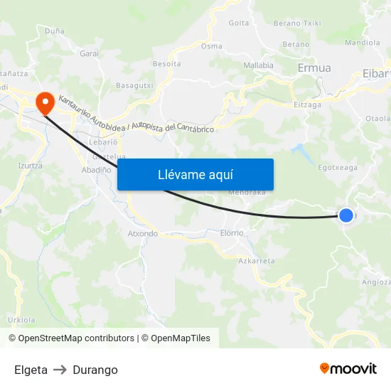 Elgeta to Durango map