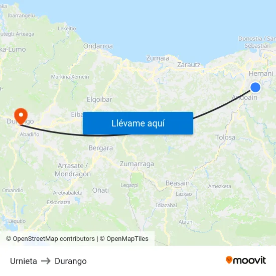 Urnieta to Durango map